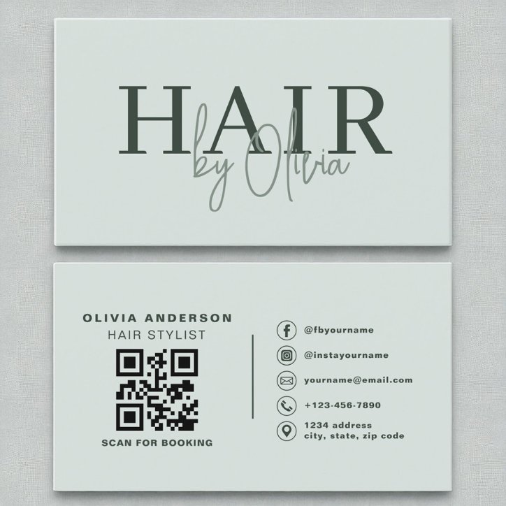 Sage Green QR Code Hair Stylist Modern Business Card