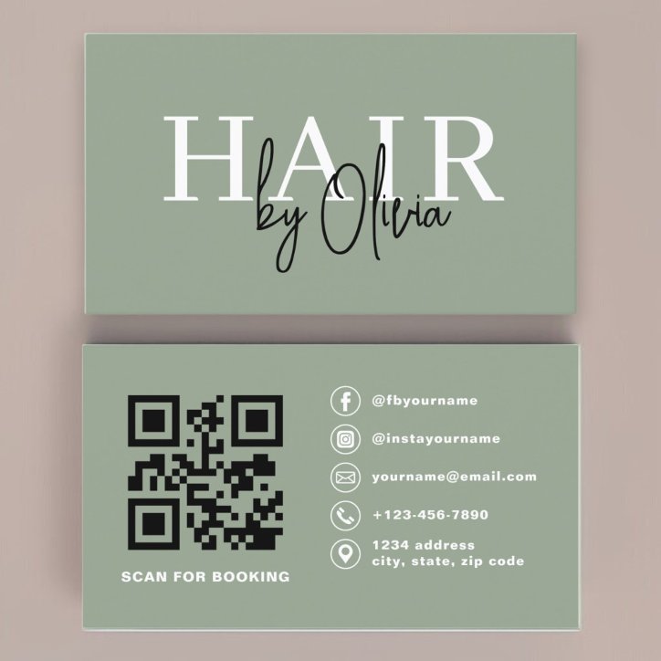 Sage Green QR Code Hair Stylist Modern Typography Business Card