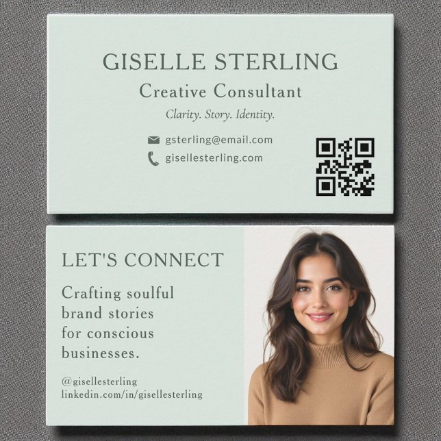 Sage Green QR Code Minimal Professional Photo Business Card (Creator Uploaded)