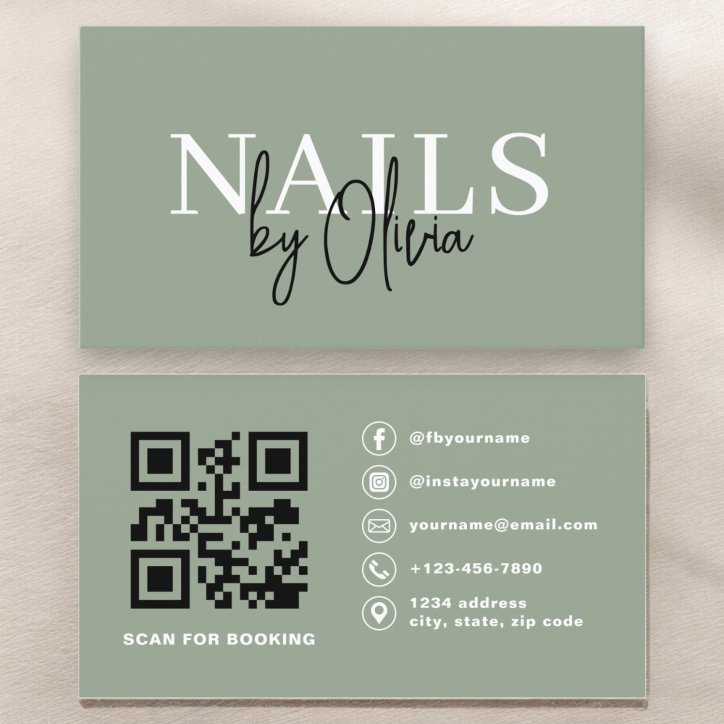 Sage Green QR Code Nail Specialist Artist Business Card