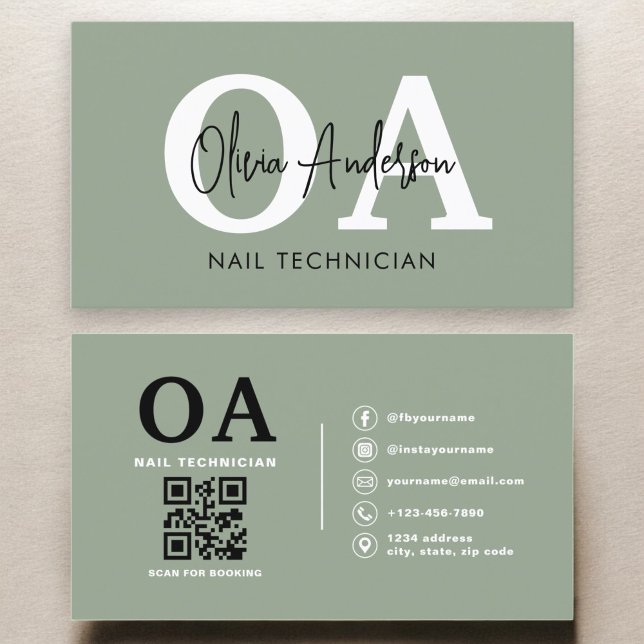 Sage Green QR Code Nail Specialist Artist  Business Card (Creator Uploaded)