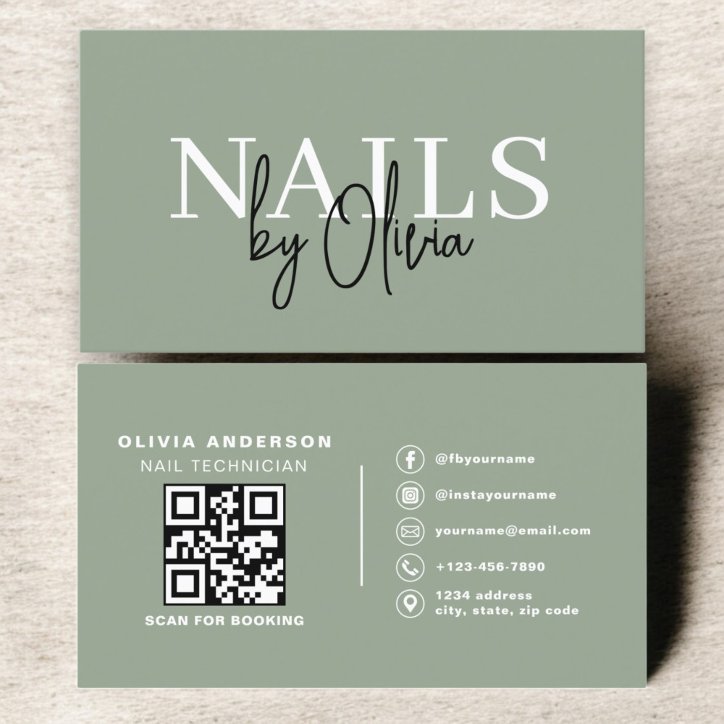 Sage Green QR Code Nail Specialist Artist Business Card