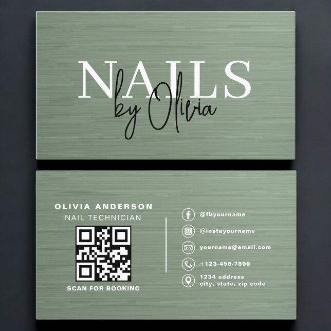 Sage Green QR Code Nail Specialist Metallic  Business Card (Creator Uploaded)