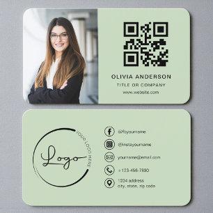 Sage Green QR Code Photo Business Card