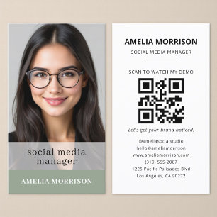 Sage Green QR Code Photo Minimalist Professional Business Card
