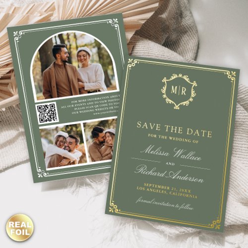 Sage Green QR Code Photo Wedding Save the Date Foil Invitation