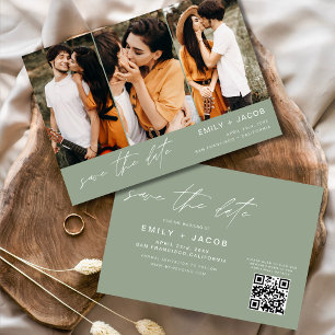 Sage Green QR Code Save the Date 3 Photo Elegant