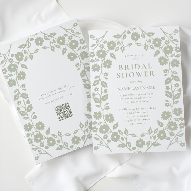 Sage Green QR Code White Folk Floral Bridal Shower Invitation (Creator Uploaded)