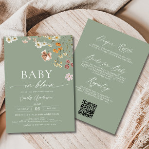 Sage Green QR Code Wildflower Baby in Bloom Invitation