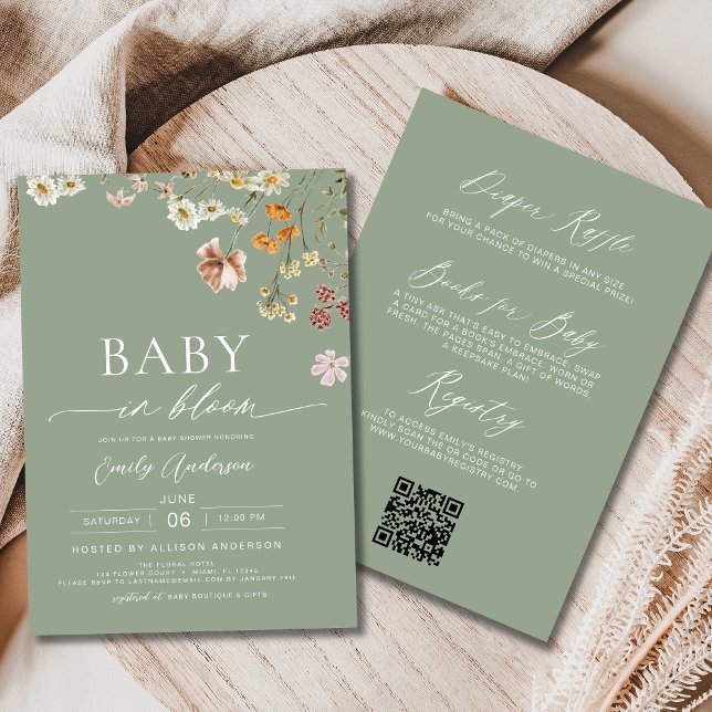 Sage Green QR Code Wildflower Baby in Bloom   Invitation (Creator Uploaded)