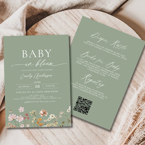 Wildflower Sage green Floral or wildflower baby shower invitation