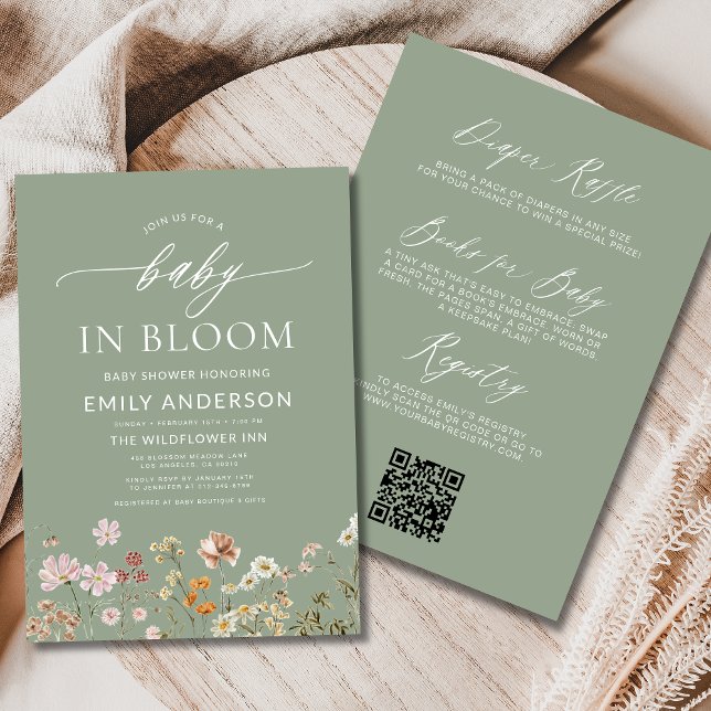 Sage Green QR Code Wildflower Baby in Bloom   Invitation (Creator Uploaded)