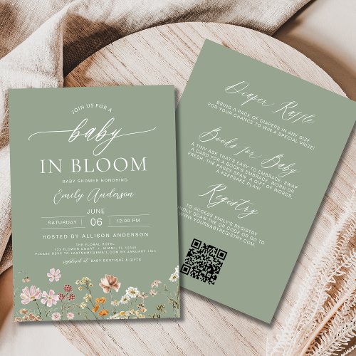 Wildflower Sage green Floral or wildflower baby shower invitation
