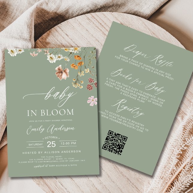 Sage Green QR Code Wildflower Baby in Bloom  Invitation (Creator Uploaded)