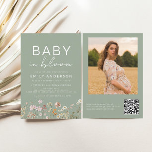 Sage Green QR Code Wildflower Baby in Bloom Shower Flyer