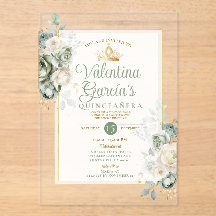 Sage Green Quinceañera 15 Anos Flowers Gold Crown