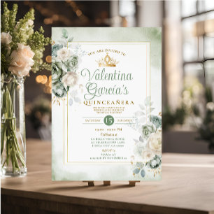 Sage Green Quinceañera 15 Anos Flowers Gold Crown Invitation