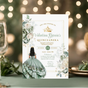 Sage Green Quinceañera 15 Anos Flowers Gold Crown Invitation