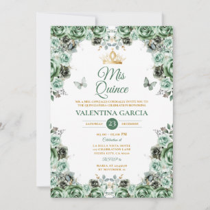 Sage Green Quinceañera 15 Anos Flowers Gold Crown Invitation