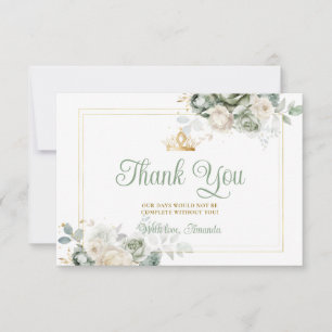 Sage Green Quinceañera 15 Anos Flowers Gold Crown Thank You Card