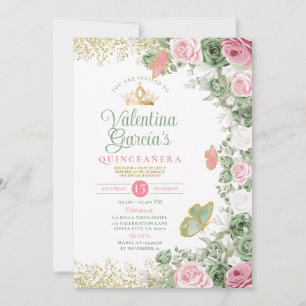 Sage Green Quinceañera 15 Anos Pink Flowers Crown Invitation