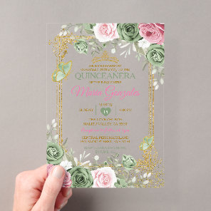 Sage Green Quinceañera Pink Gold Crown Butterfly Acrylic Invitations