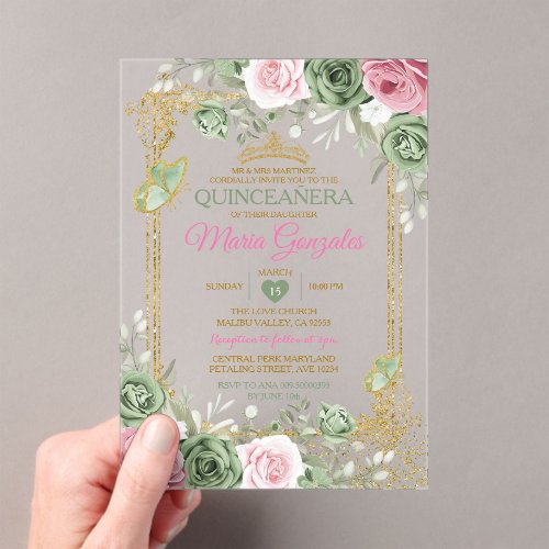 Sage Green Quinceañera Pink Gold Crown Butterfly