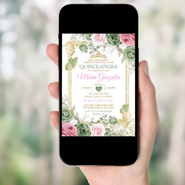 Sage Green Quinceañera Pink Gold Crown Butterfly Invitation (Front Digital)
