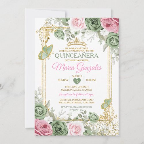 Sage Green Quinceaera Pink Gold Crown Butterfly Invitation