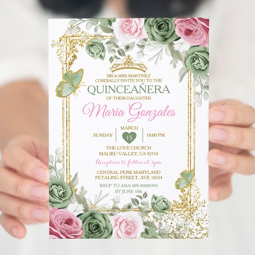 Sage Green Quinceaera Pink Gold Crown Butterfly Invitation