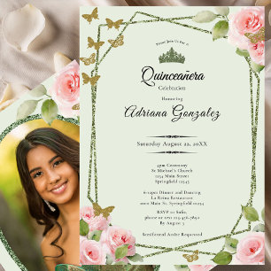 Sage Green Quinceanera Pink Roses Gold Butterflies Invitation