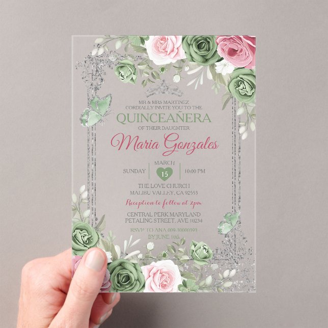 Sage Green Quinceañera Pink Silver Crown Butterfly Acrylic Invitations (Insitu (Handheld))