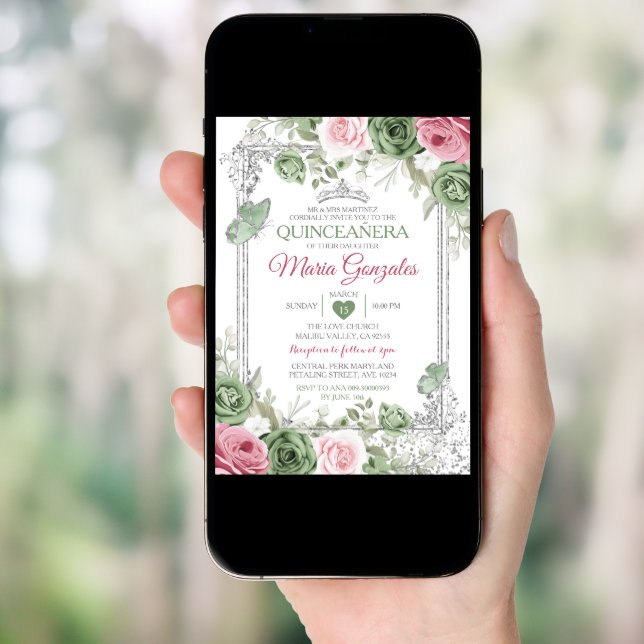 Sage Green Quinceañera Pink Silver Crown Butterfly Invitation (Front Digital)