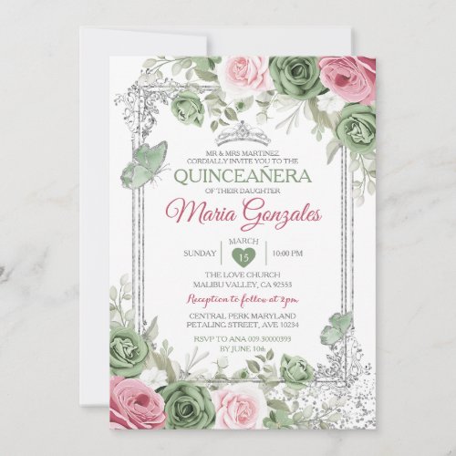 Sage Green Quinceaera Pink Silver Crown Butterfly Invitation