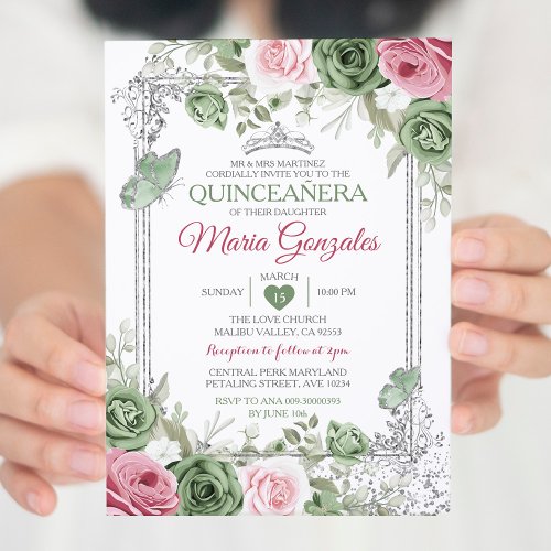 Sage Green Quinceaera Pink Silver Crown Butterfly Invitation