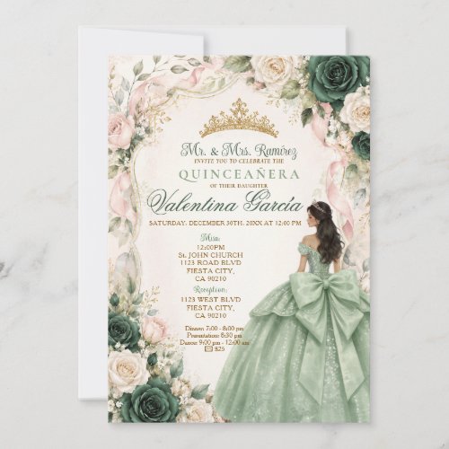 Sage Green Quinceañera Princess Invitation
