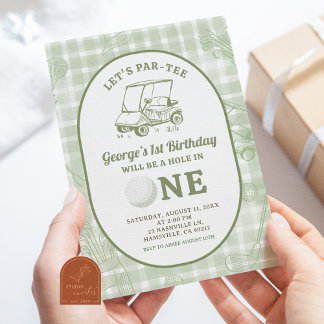 Sage Green Quirky Gingham Golf First Birthday Invitation