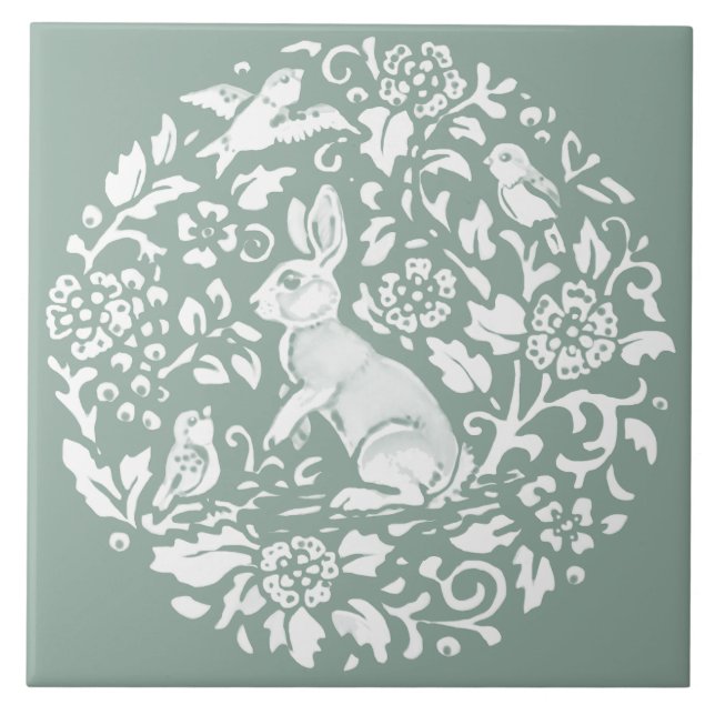 Sage Green Rabbit Bunny Circular Pattern Unique Ceramic Tile (Front)