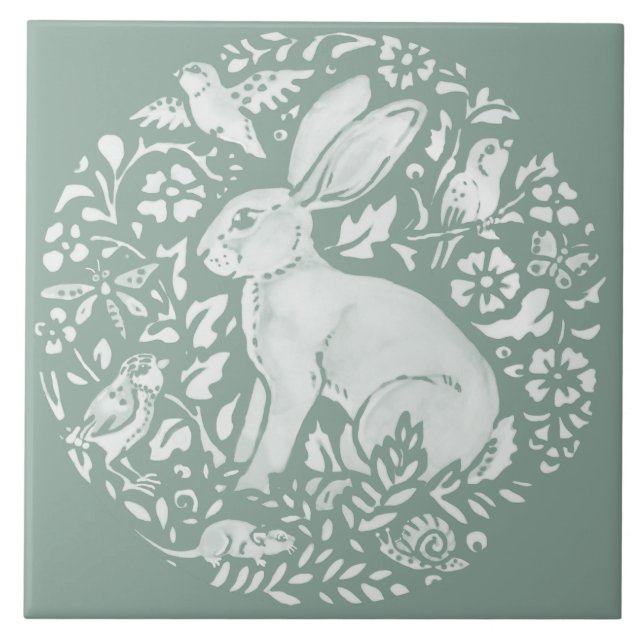 Sage Green Rabbit Hare Forest Creatures Circle  Ceramic Tile (Front)