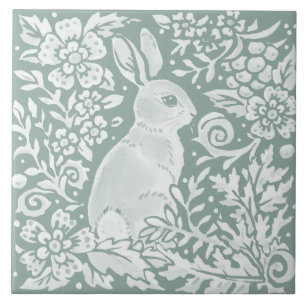 Sage Green Rabbit Woodland Scene Floral Fern Ceramic Tile