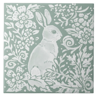 Sage Green Rabbit Woodland Scene Floral Fern Ceramic Tile