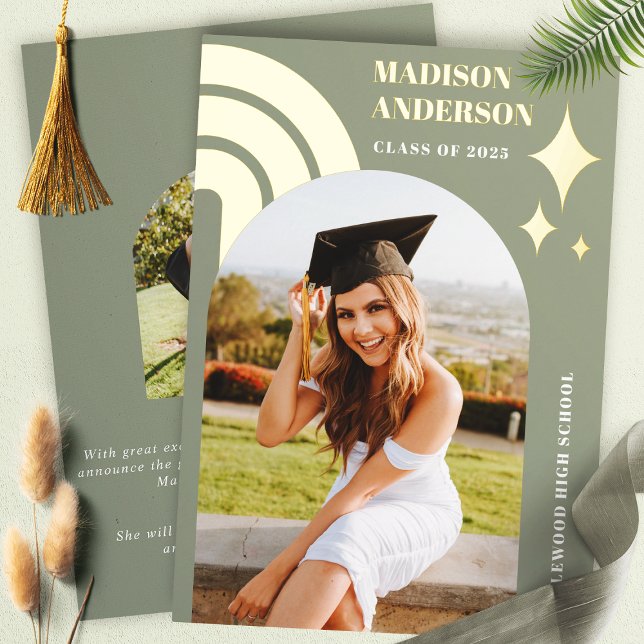 Sage Green Rainbow Arch And Stars Graduation Foil Invitation (Creator Uploaded)