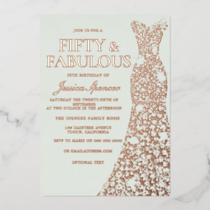 Sage Green Real Rose Gold Dress 50th Birthday Foil Invitation
