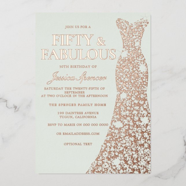 Sage Green Real Rose Gold Dress 50th Birthday Foil Invitation (Front)