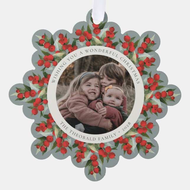 Sage Green Red Berries+Greenery Christmas Paper Ornament Card (Front)