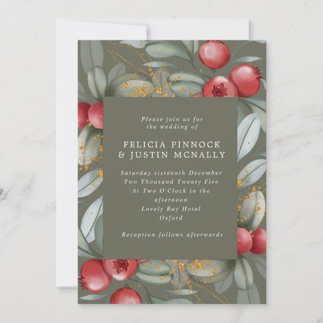 Sage Green & Red Berries Winter Wedding  Invitation (Front)