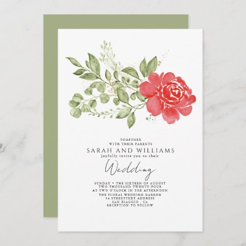 Sage Green Red Floral Boho Wedding  Invitation