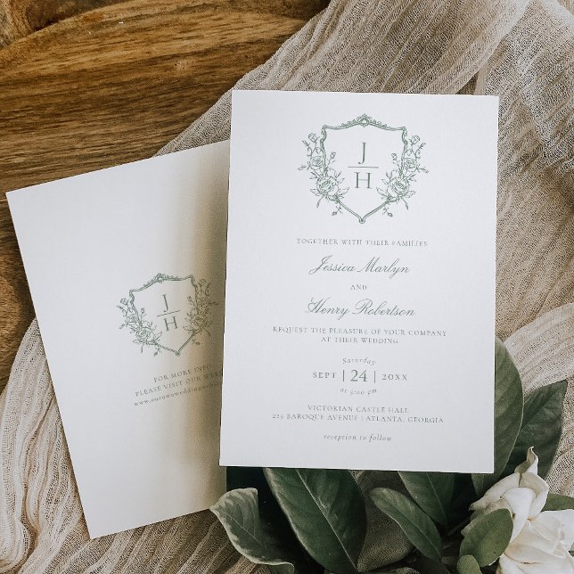 Sage Green Regency Floral Crest Monogram Wedding  Invitation (Creator Uploaded)