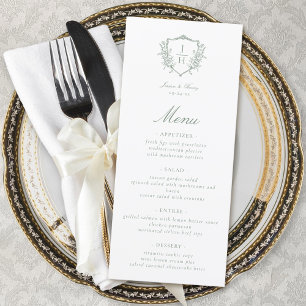 Sage Green Regency Floral Crest Monogram Wedding  Menu