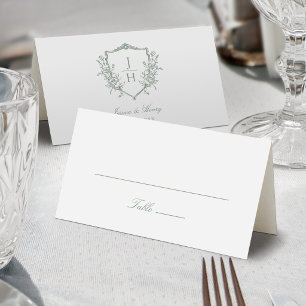 Sage Green Regency Floral Crest Monogram Wedding  Place Card